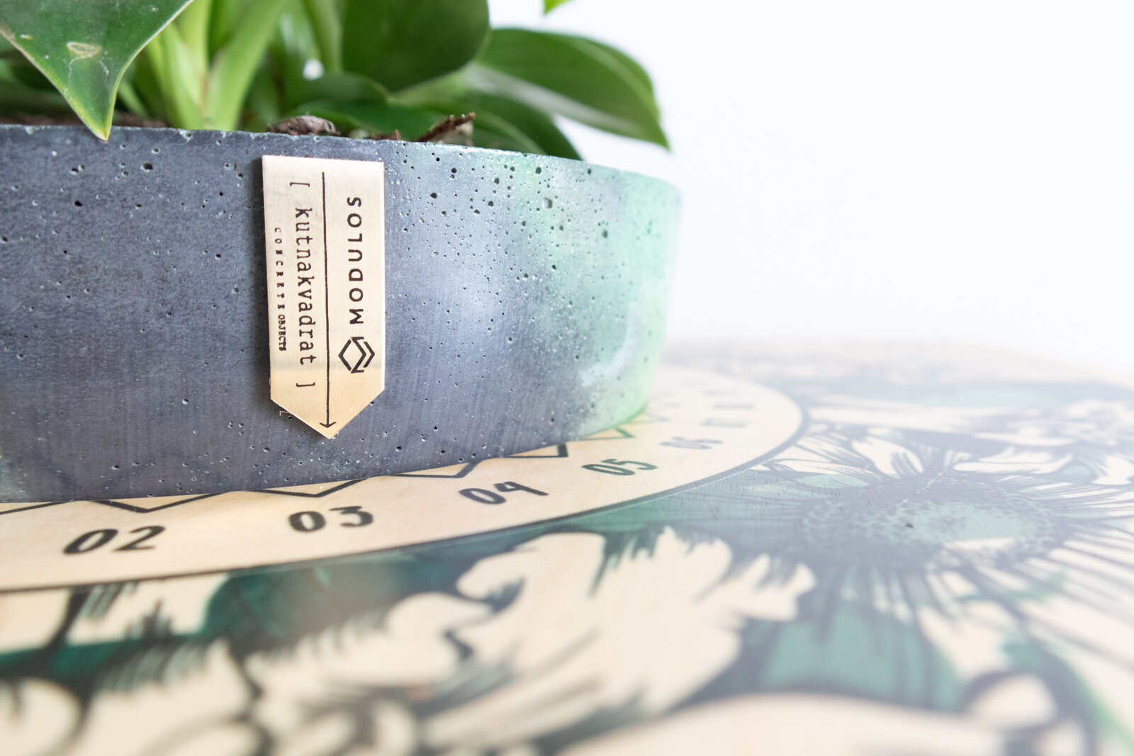 The watering calendar printed around the Botanical table’s concrete planter